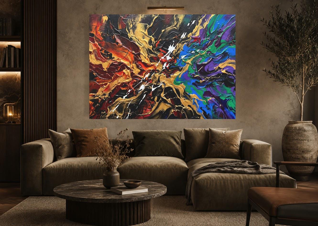 Colorful Abstract Canvas Wall Art, Bold Gold Statement Print for Living Room — Framed Print wall art