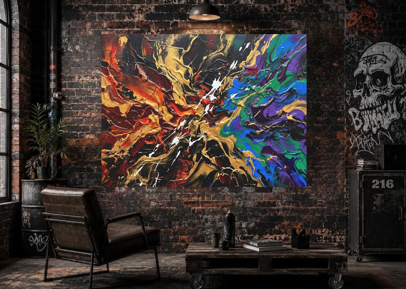 Colorful Abstract Canvas Wall Art, Bold Gold Statement Print for Living Room — Framed Print wall art