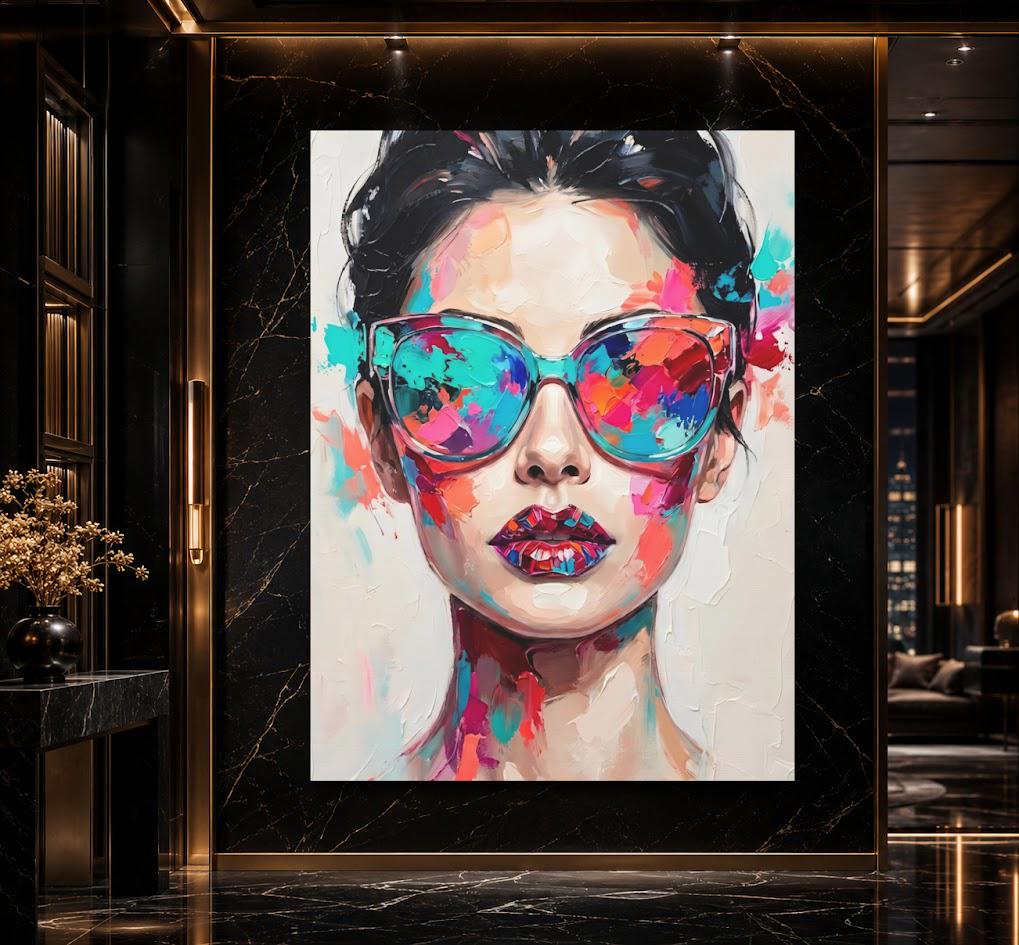Fashion Woman Wall Art, Colorful Sunglasses Canvas Print for Glam Room — Framed Print wall art