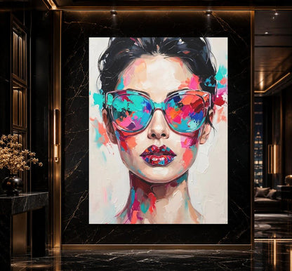 Fashion Woman Wall Art, Colorful Sunglasses Canvas Print for Glam Room — Framed Print wall art