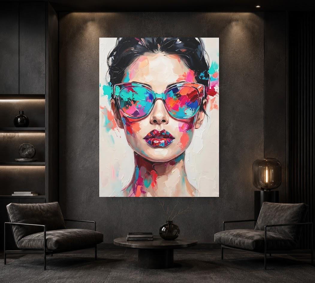 Fashion Woman Wall Art, Colorful Sunglasses Canvas Print for Glam Room — Framed Print wall art