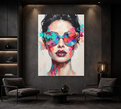 Fashion Woman Wall Art, Colorful Sunglasses Canvas Print for Glam Room — Framed Print wall art
