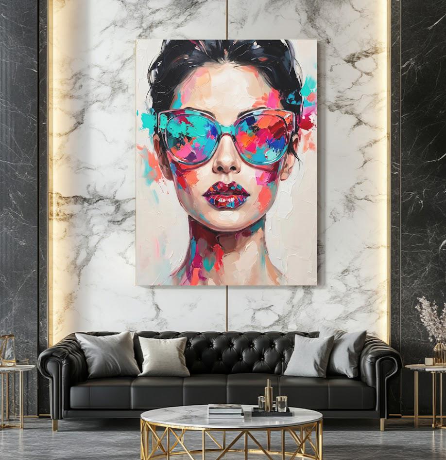 Fashion Woman Wall Art, Colorful Sunglasses Canvas Print for Glam Room — Framed Print wall art