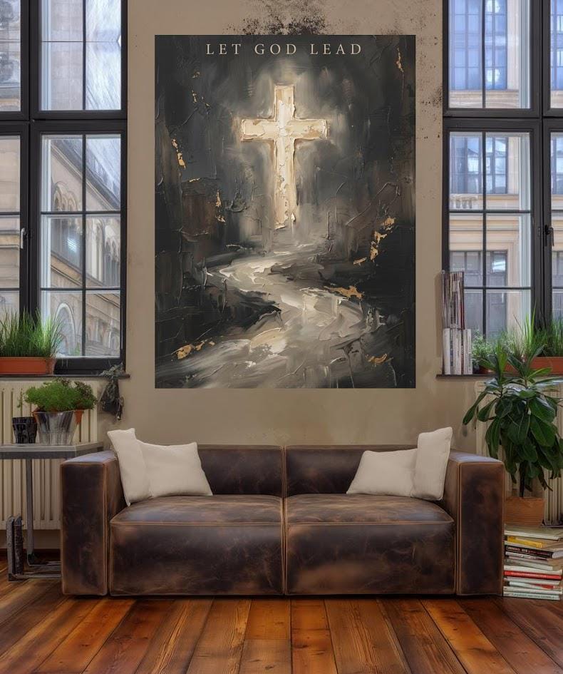 Let God Lead Wall Art, Dark Christian Cross Canvas Print — Framed Print wall art