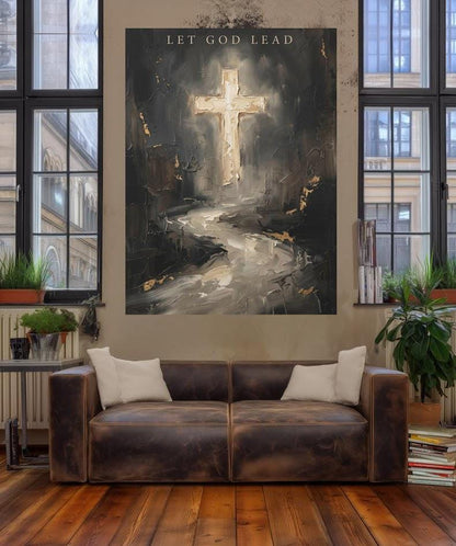 Let God Lead Wall Art, Dark Christian Cross Canvas Print — Framed Print wall art