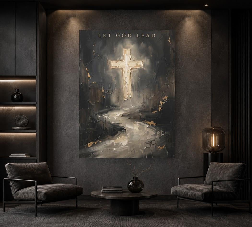 Let God Lead Wall Art, Dark Christian Cross Canvas Print — Framed Print wall art