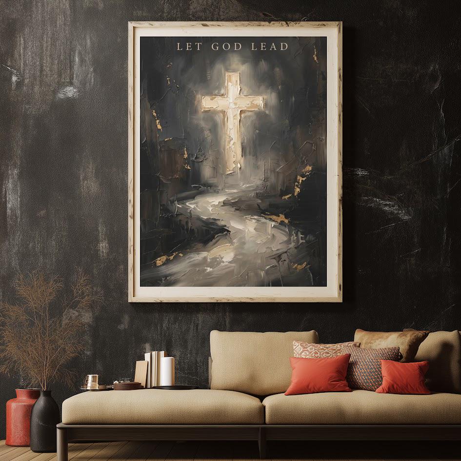 Let God Lead Wall Art, Dark Christian Cross Canvas Print — Framed Print wall art