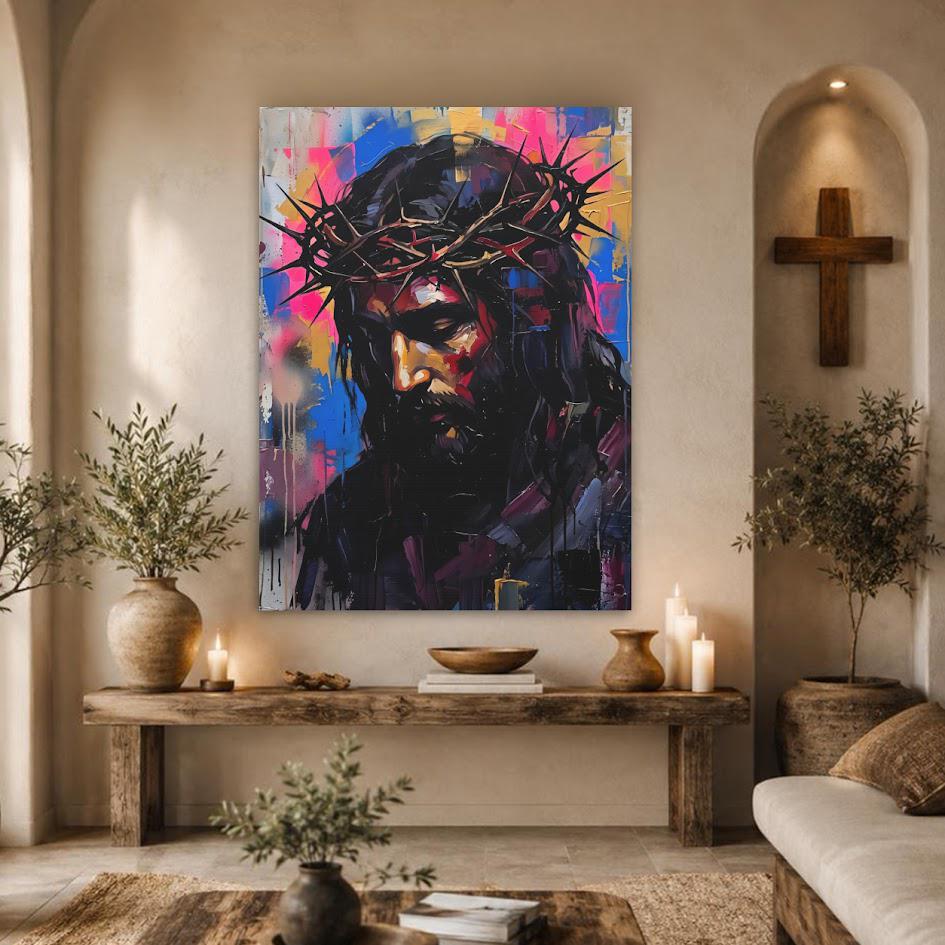 Jesus Crown of Thorns Wall Art, Colorful Christian Canvas Print — Framed Print wall art