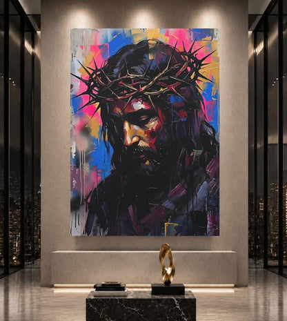 Jesus Crown of Thorns Wall Art, Colorful Christian Canvas Print — Framed Print wall art