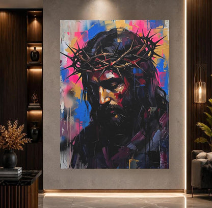 Jesus Crown of Thorns Wall Art, Colorful Christian Canvas Print — Framed Print wall art