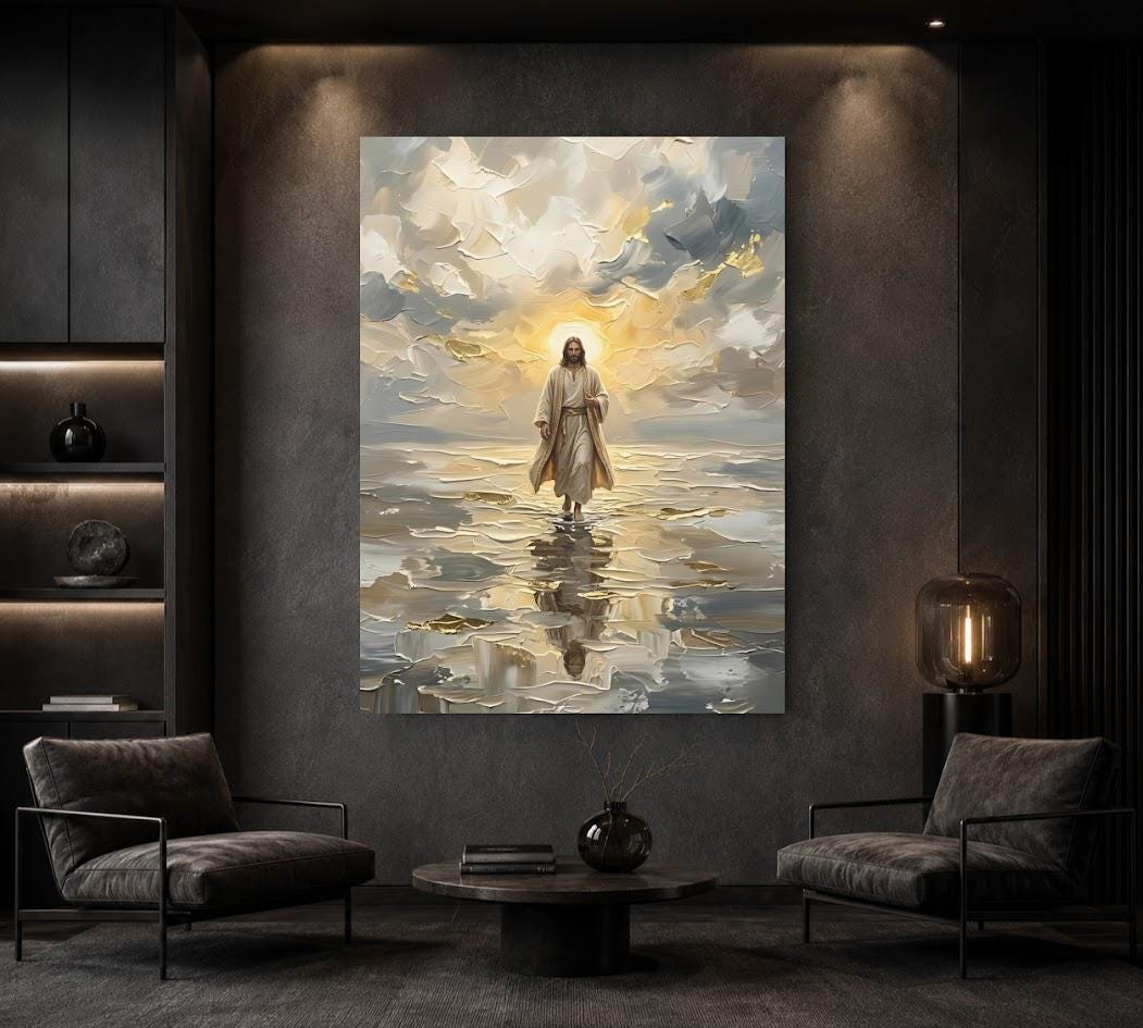 Jesus Walking on Water Wall Art, Christian Canvas Print for Prayer Room — Framed Print wall art