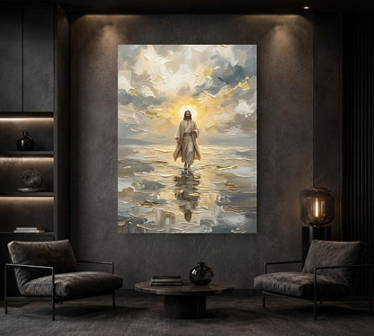 Jesus Walking on Water Wall Art, Christian Canvas Print for Prayer Room — Framed Print wall art