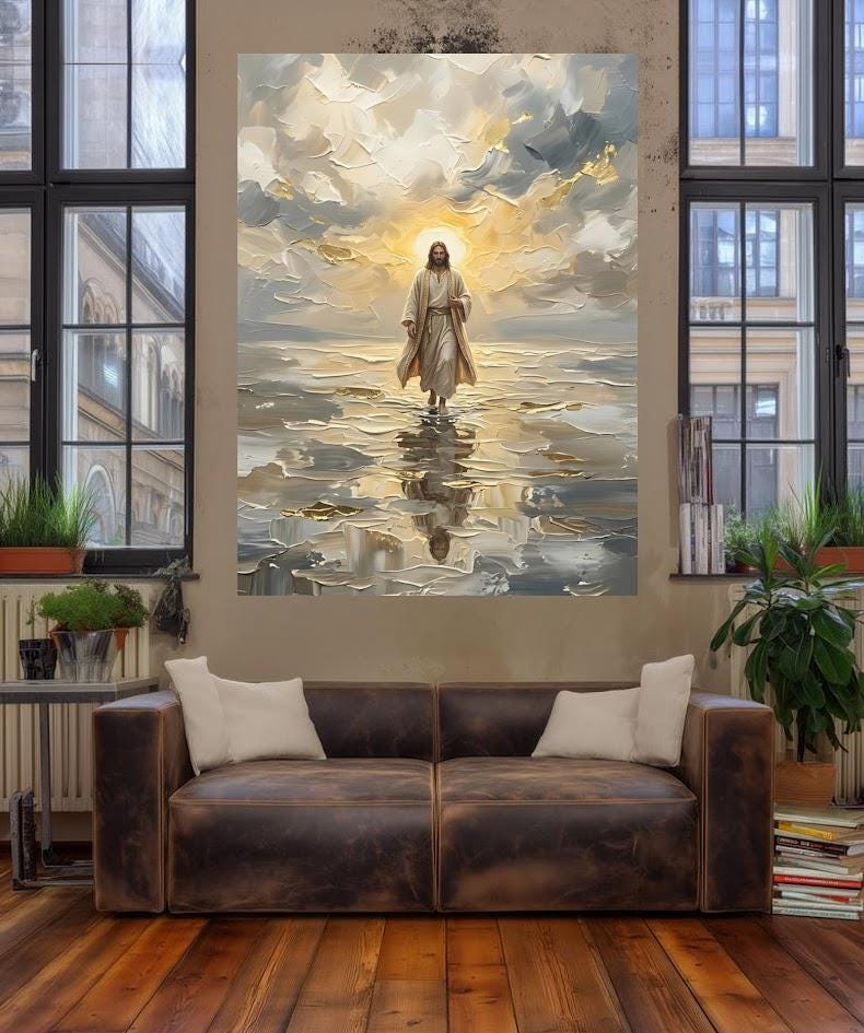 Jesus Walking on Water Wall Art, Christian Canvas Print for Prayer Room — Framed Print wall art