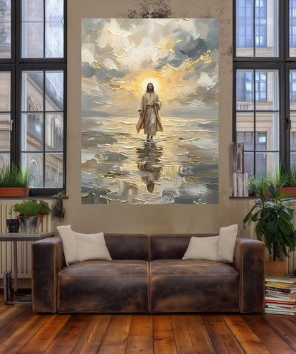 Jesus Walking on Water Wall Art, Christian Canvas Print for Prayer Room — Framed Print wall art