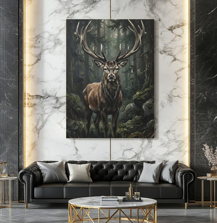 Stag Deer Wall Art, Moody Forest Wildlife Canvas Print — Framed Print wall art