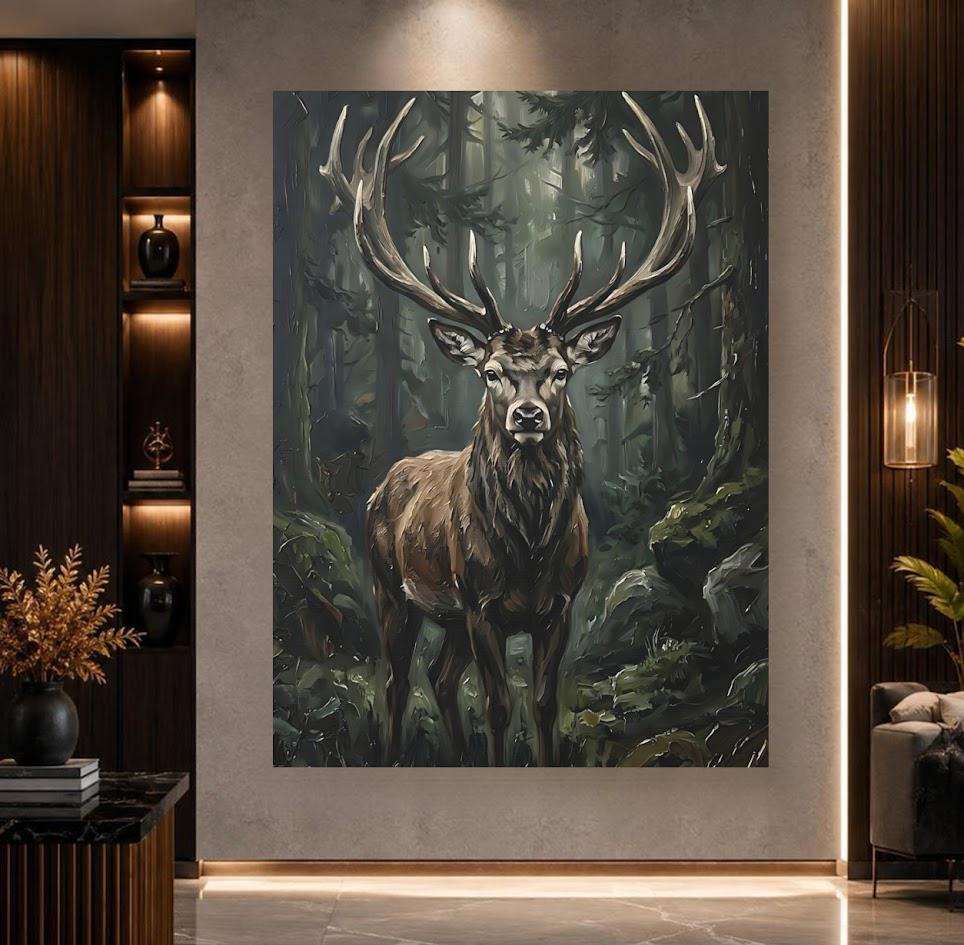 Stag Deer Wall Art, Moody Forest Wildlife Canvas Print — Framed Print wall art