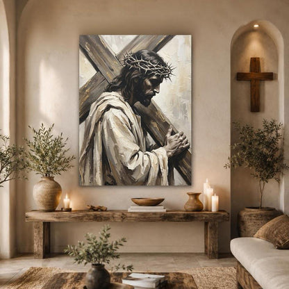 Jesus Carrying Cross Wall Art, Crown of Thorns Christian Canvas Print — Framed Print wall art