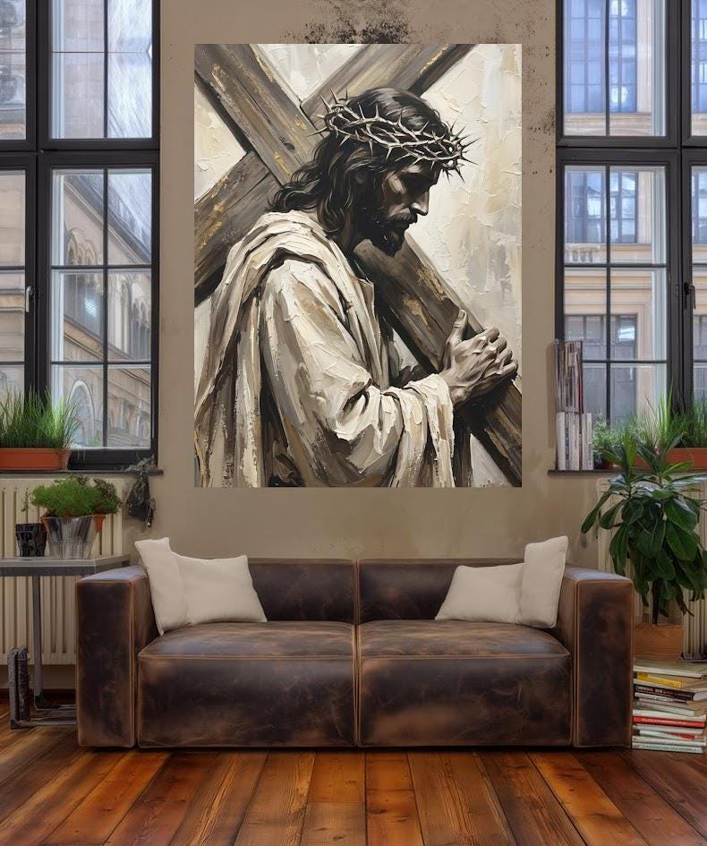 Jesus Carrying Cross Wall Art, Crown of Thorns Christian Canvas Print — Framed Print wall art