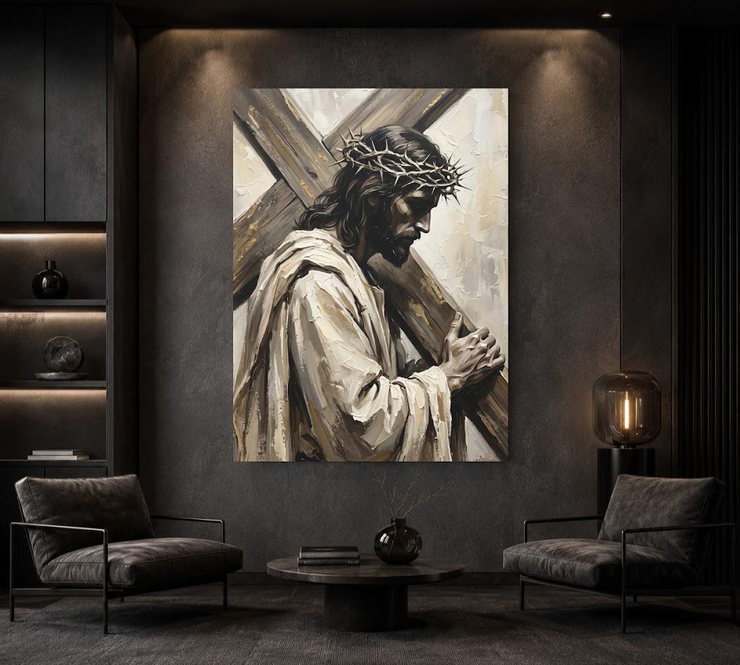 Jesus Carrying Cross Wall Art, Crown of Thorns Christian Canvas Print — Framed Print wall art