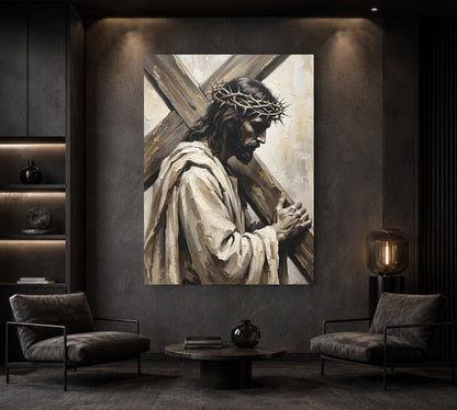 Jesus Carrying Cross Wall Art, Crown of Thorns Christian Canvas Print — Framed Print wall art
