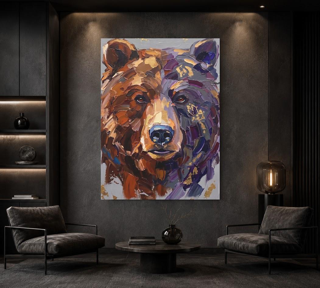 Bear Canvas Wall Art, Abstract Wildlife Portrait for Cabin Decor — Framed Print wall art