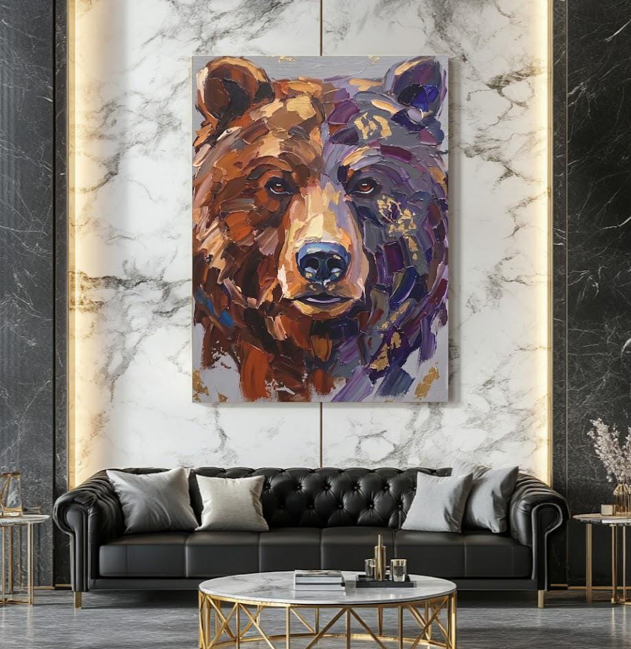 Bear Canvas Wall Art, Abstract Wildlife Portrait for Cabin Decor — Framed Print wall art