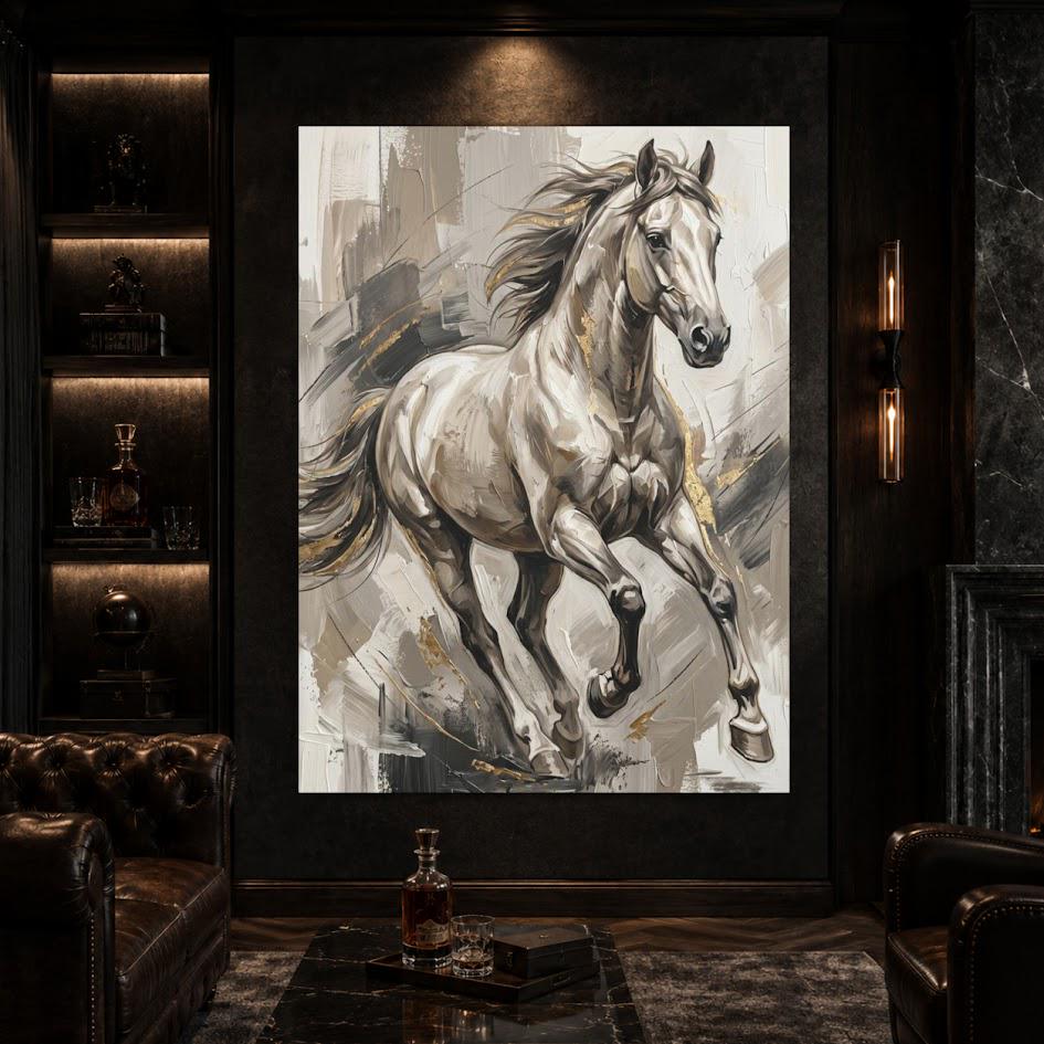 White Horse Wall Art, Neutral Equestrian Canvas Print with Gold Accents — Framed Print wall art