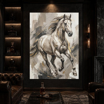 White Horse Wall Art, Neutral Equestrian Canvas Print with Gold Accents — Framed Print wall art