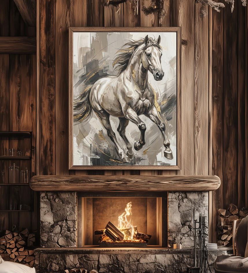 White Horse Wall Art, Neutral Equestrian Canvas Print with Gold Accents — Framed Print wall art