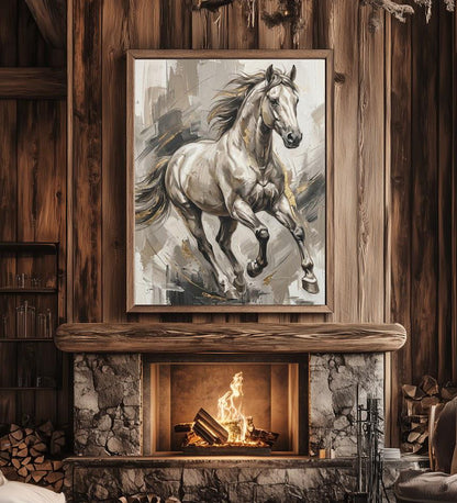 White Horse Wall Art, Neutral Equestrian Canvas Print with Gold Accents — Framed Print wall art