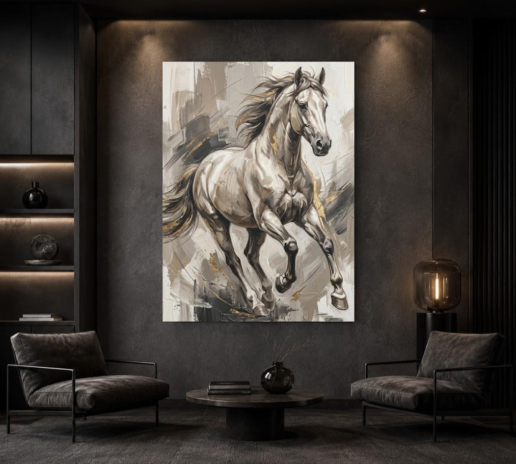 White Horse Wall Art, Neutral Equestrian Canvas Print with Gold Accents — Framed Print wall art
