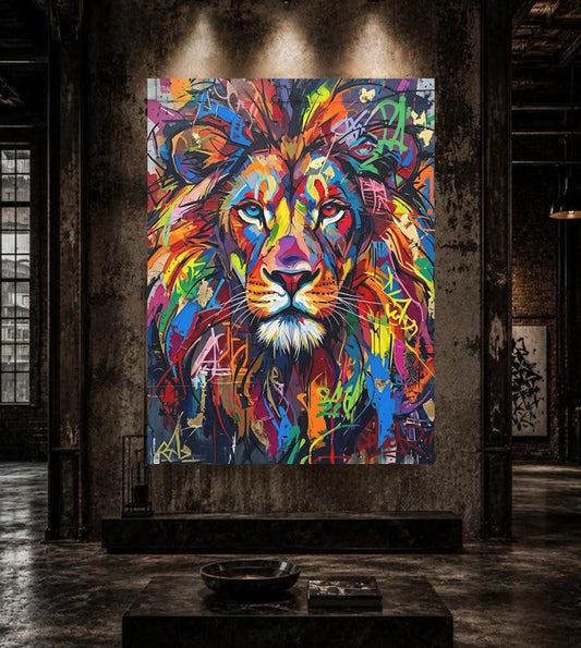 Colorful Lion Graffiti Art Print, Urban Safari Animal Canvas or Poster Decor — Canvas wall art