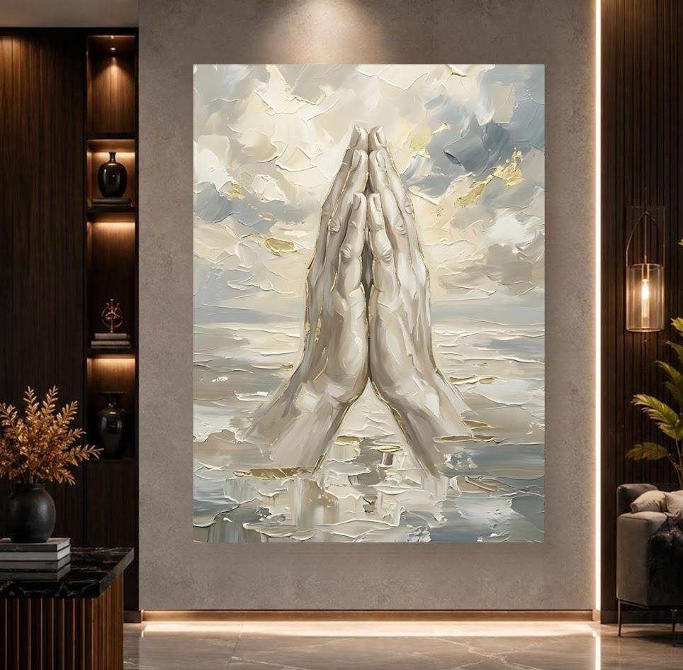 Praying Hands in Clouds Christian Wall Art | Original Heaven Painting | Modern Faith Canvas Print — Framed Print wall art