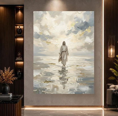 Jesus Walks On Water Wall Art | Modern Christian Painting | Extra Large Jesus Canvas | Catholic Home Decor — Framed Print