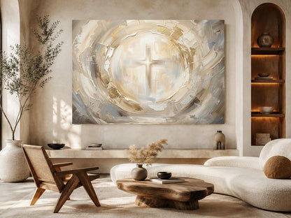 Christian Cross Canvas Wall Art, Neutral Abstract Religious Print for Living Room — Poster wall art