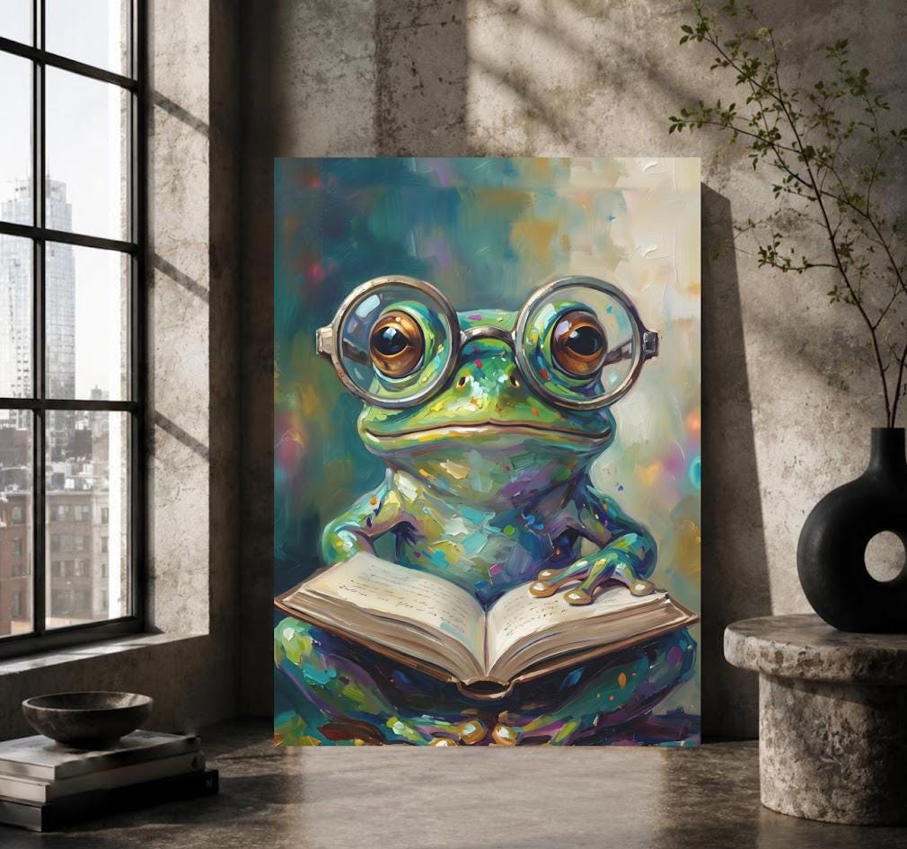 Frog Reading Canvas Wall Art, Whimsical Animal Print for Kids Room — Poster wall art