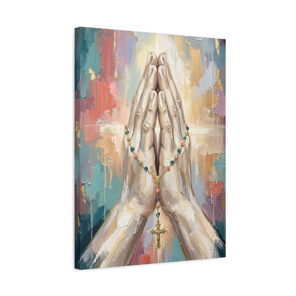 Praying Hands Wall Art, Rosary Christian Canvas Print for Prayer Room — Canvas wall art