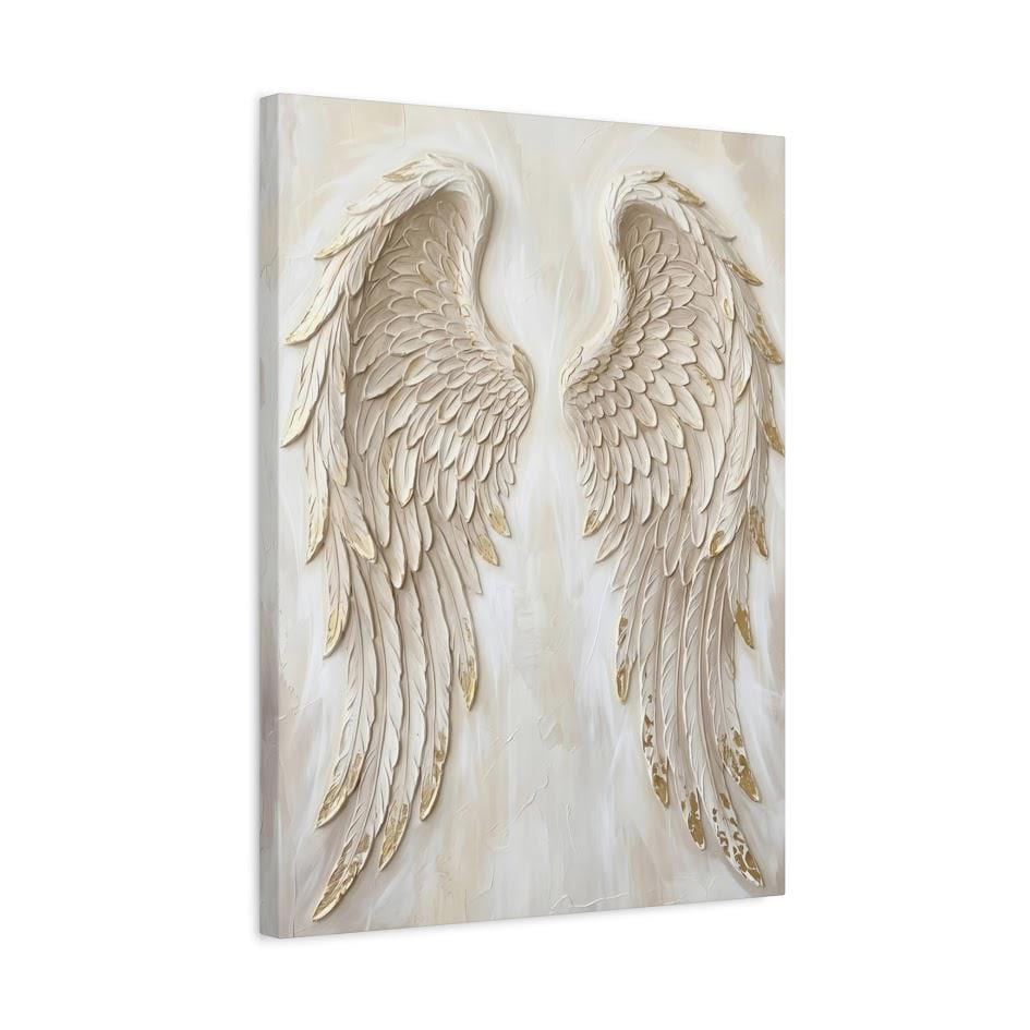 Angel Wings Wall Art, White Gold Christian Canvas for Prayer Room — Canvas wall art