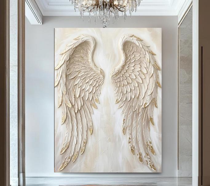 Angel Wings Wall Art, White Gold Christian Canvas for Prayer Room — Poster wall art