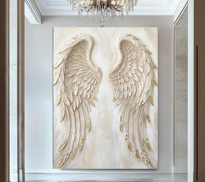 Angel Wings Wall Art, White Gold Christian Canvas for Prayer Room — Poster wall art