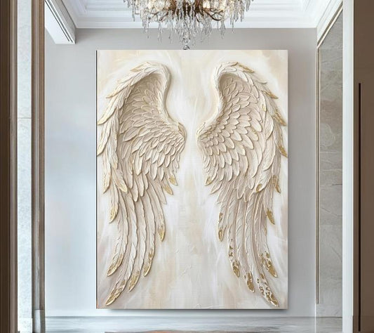 Angel Wings Wall Art, White Gold Christian Canvas for Prayer Room — Poster wall art