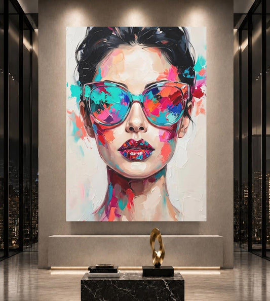 Fashion Woman Wall Art, Colorful Sunglasses Canvas Print for Glam Room — Poster wall art