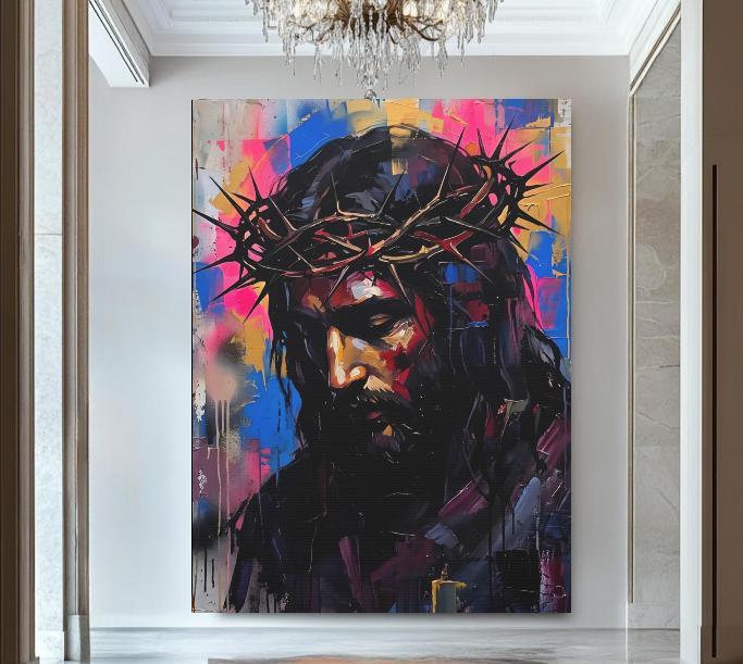 Jesus Crown of Thorns Wall Art, Colorful Christian Canvas Print — Poster wall art