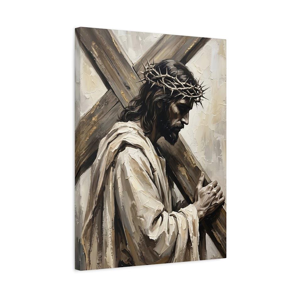 Jesus Carrying Cross Wall Art, Crown of Thorns Christian Canvas Print — Canvas wall art