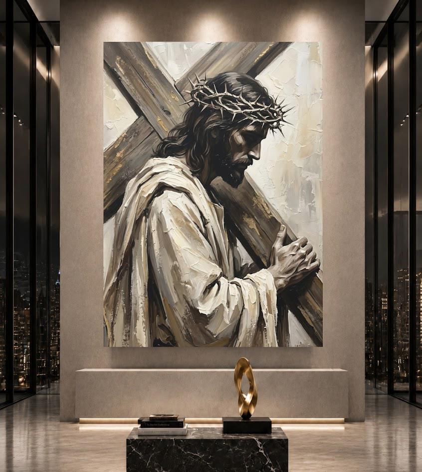 Jesus Carrying Cross Wall Art, Crown of Thorns Christian Canvas Print — Poster wall art