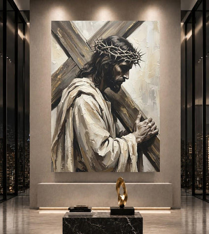 Jesus Carrying Cross Wall Art, Crown of Thorns Christian Canvas Print — Poster wall art