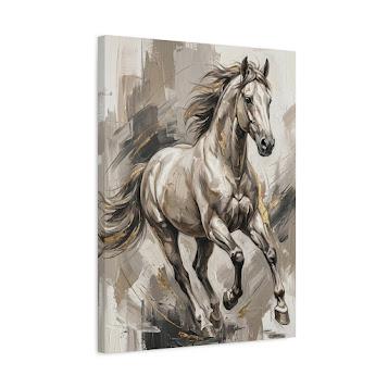White Horse Wall Art, Neutral Equestrian Canvas Print with Gold Accents — Canvas wall art