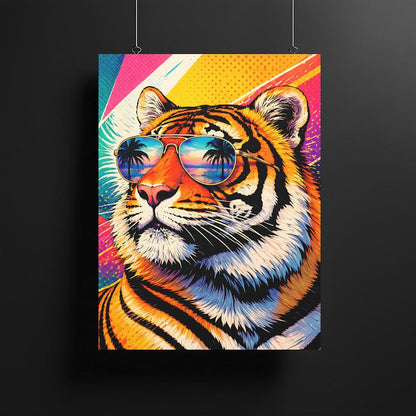 Retro Tiger Art with Sunglasses | Maximalist Neon Pop Art Canvas Print — Poster wall art