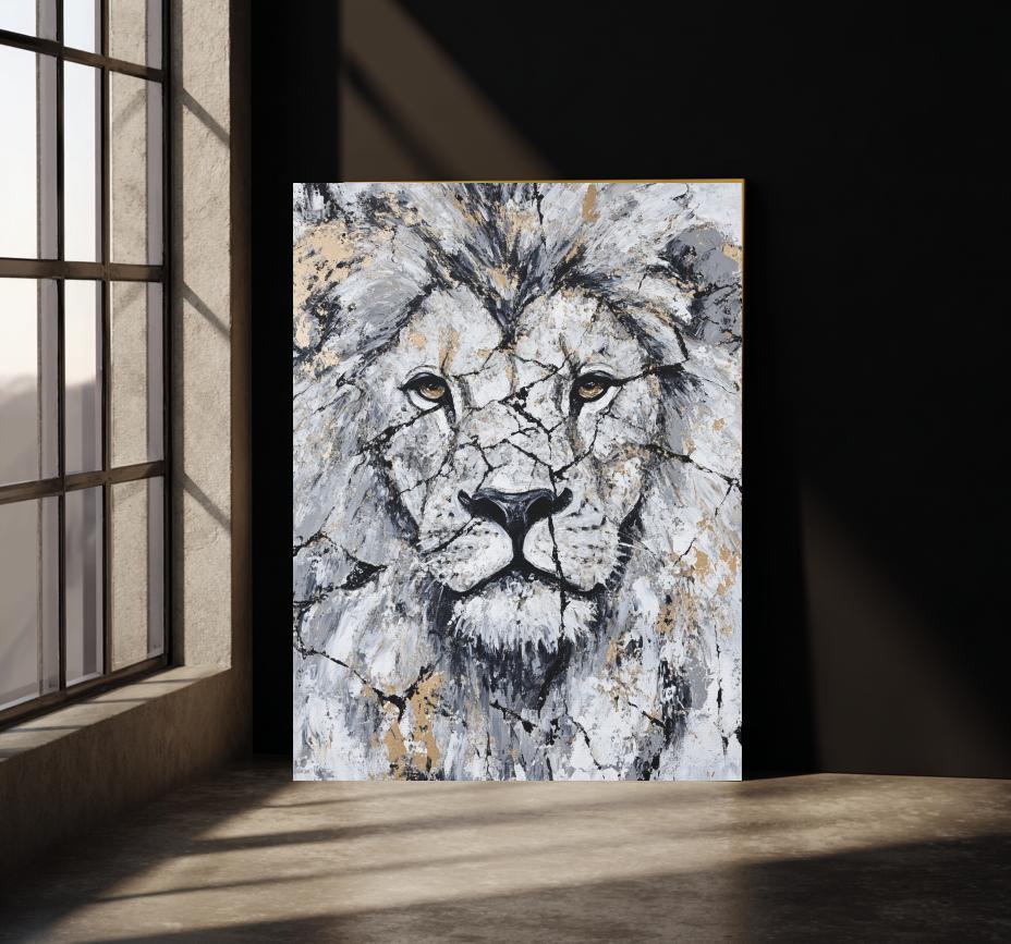 Abstract Lion Wall Art | White Gold Wildlife Canvas or Poster Print — Poster wall art