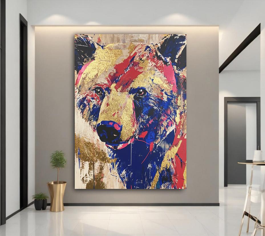 Colorful Bear Abstract Painting | Gold Pop Art Canvas Print, Forest Animal Artwork — Poster wall art